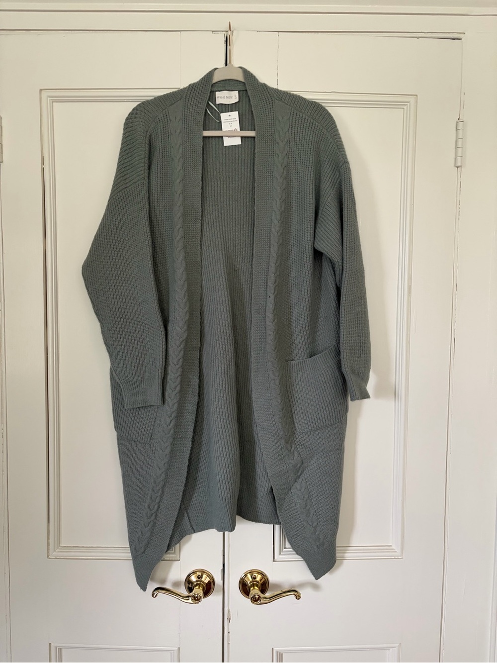 Open-Front Cable-Trim Long Cardigan in Sage Green